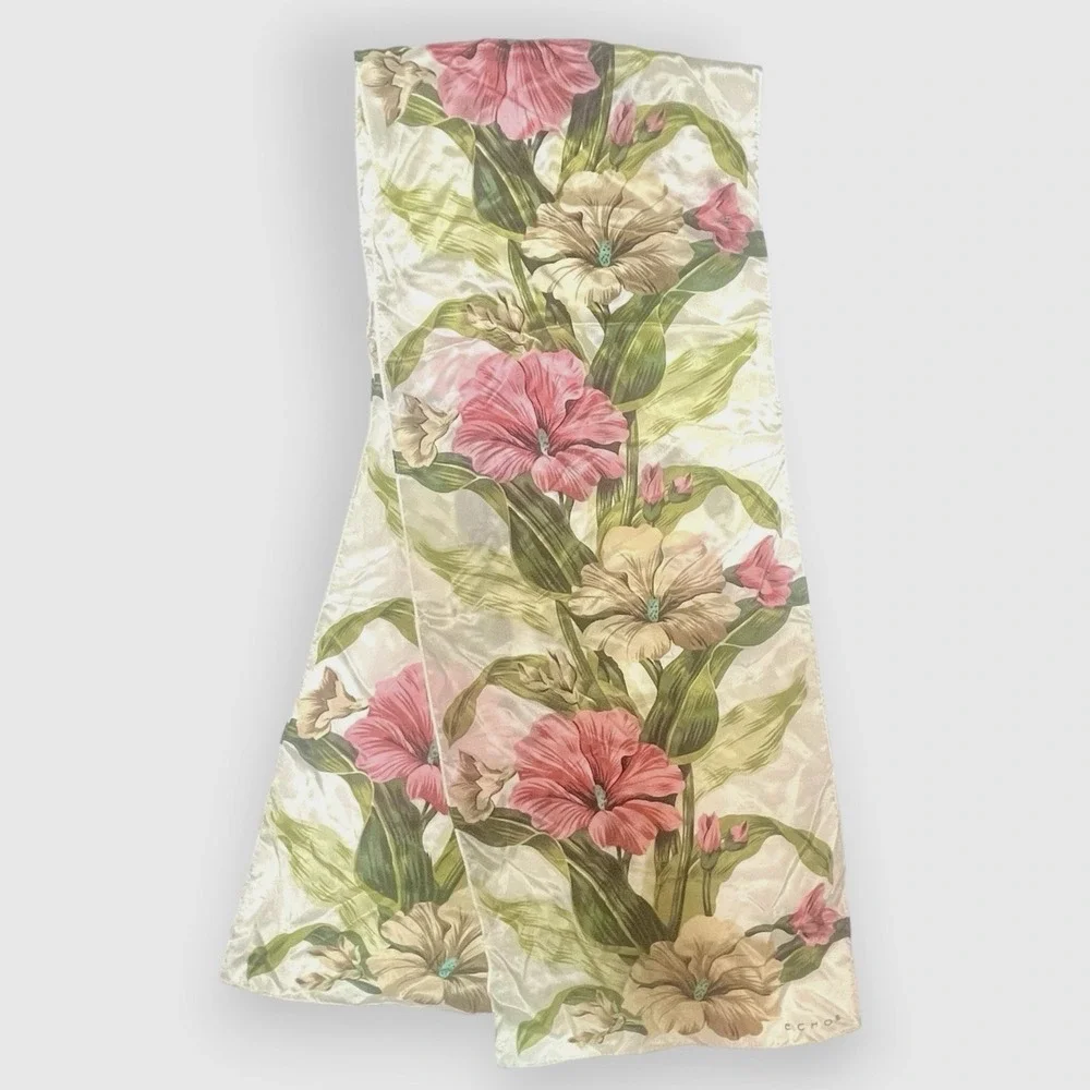 Vintage Echo Hibiscus Silk Scarf Floral Cream Pink Rectangle Oblong 58